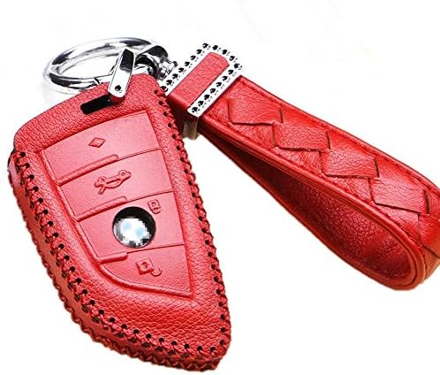 Womens Red Genuine Leather Cover for 4-Button Car Remote Smartkey Key Protection Skin Etui Key Fob Case Cover with Diamond Braided Strap & Keychain for BMW Keyless Entry F15 X 5 BMW F16 X 6 X-Series