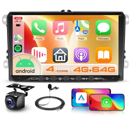 4G+64G 9‘’ Android Car Stereo for VW Volkswagen Seat Golf Passat Jetta Beetle Tiguan Touran EOS, CarPlay Android Auto Touchscreen Bluetooth Radio with GPS Navigation WiFi FM Backup Camera MIC