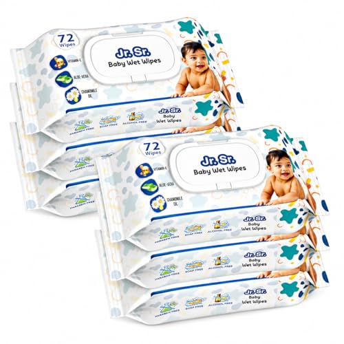 Image of Jr. Sr. Baby Wipes With Lid | 72 Wipes x Pack of 6, 432 Wipes | Safe & Moist Wet Wipes for Babies | Prevents Rashes & Redness with Goodness of Aloe Vera, Vitamin E & Chamomile Oil | No Paraben & No Alcohol
