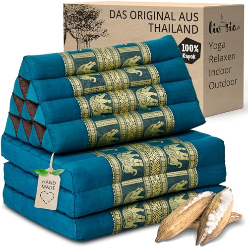 livasia Thaikissen 3 Auflagen Thaiseide - 175x55x8cm - Dreieckskissen mit Klappmatratze, Rückenkissen faltbar, Thaimatte zum Klappen, Kapok...