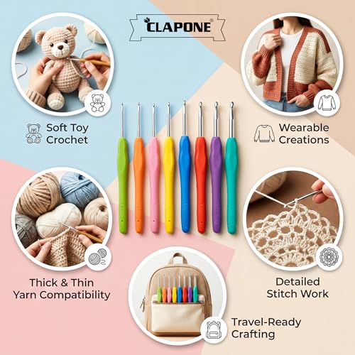 Image of CLAPONE Crochet Hooks Set 2.0mm-5.5mm, Soft Grip Silicone Handle Knitting Needles for Beginners & Professionals, Color-Coded Crochet Needles for Yarn Craft, DIY & Weaving (Multicolor, Set of 8)