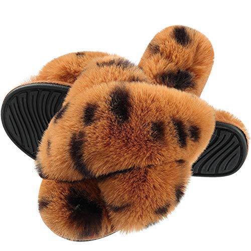 Fur Slippers for Women, Criss Cross Plush Fleece Anti-Skid Memory Foam Slip On Fuzzy Slide Slippers for Indoor Outdoor Brown Polka Dot 8-9