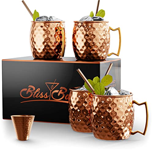 Bliss Bar 16 Oz Moscow Mule Cups Set of 4 | Pure Solid Copper Moscow Mule Mugs| Premium Quality Copper Straws and Shot Glass Included for Perfect Cocktail Experience