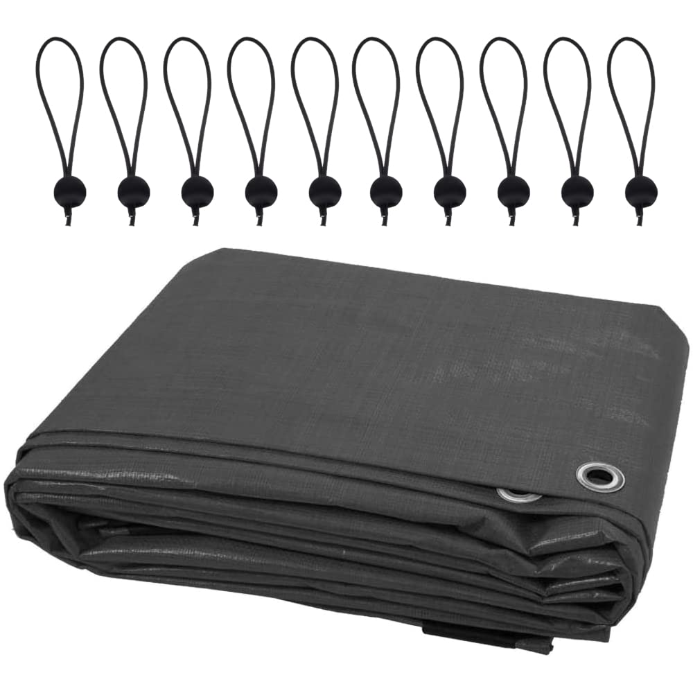 10 x 12 m Tarpaulin Waterproof Heavy Duty Cover Camping Ground Sheet Caravan Furniture Multipurpose + 10 Bungee Balls (Grey - 200 GSM)
