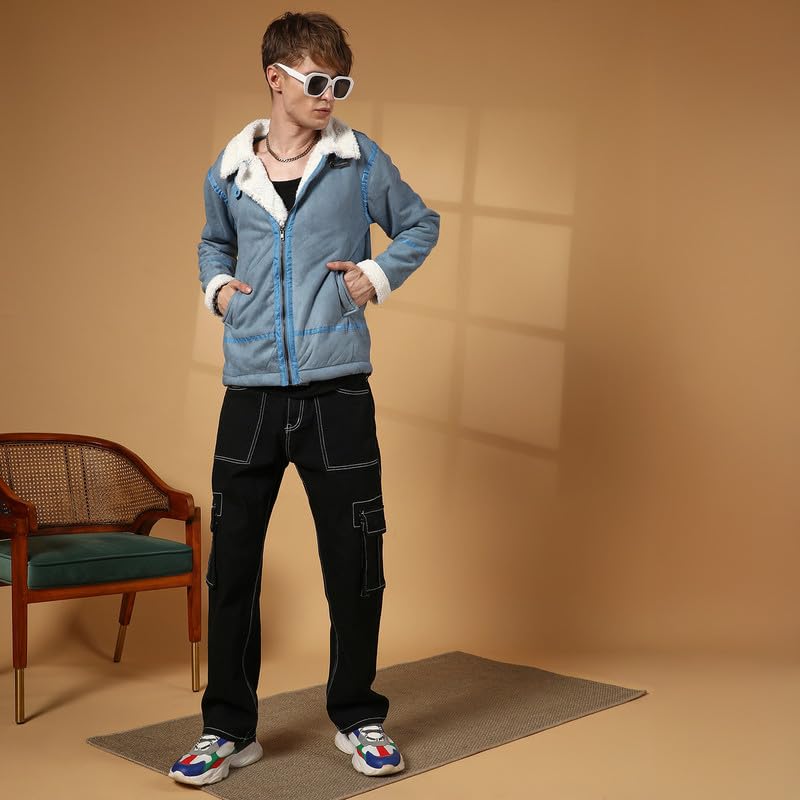 Image of Campus Sutra Men's Icy Blue & Chalk White Fleece Lined Biker Jacket For Casual Wear | Spread Collar | Long Sleeve | Zipper Closure | Jacket Crafted With Comfort Fit For Everyday Wear