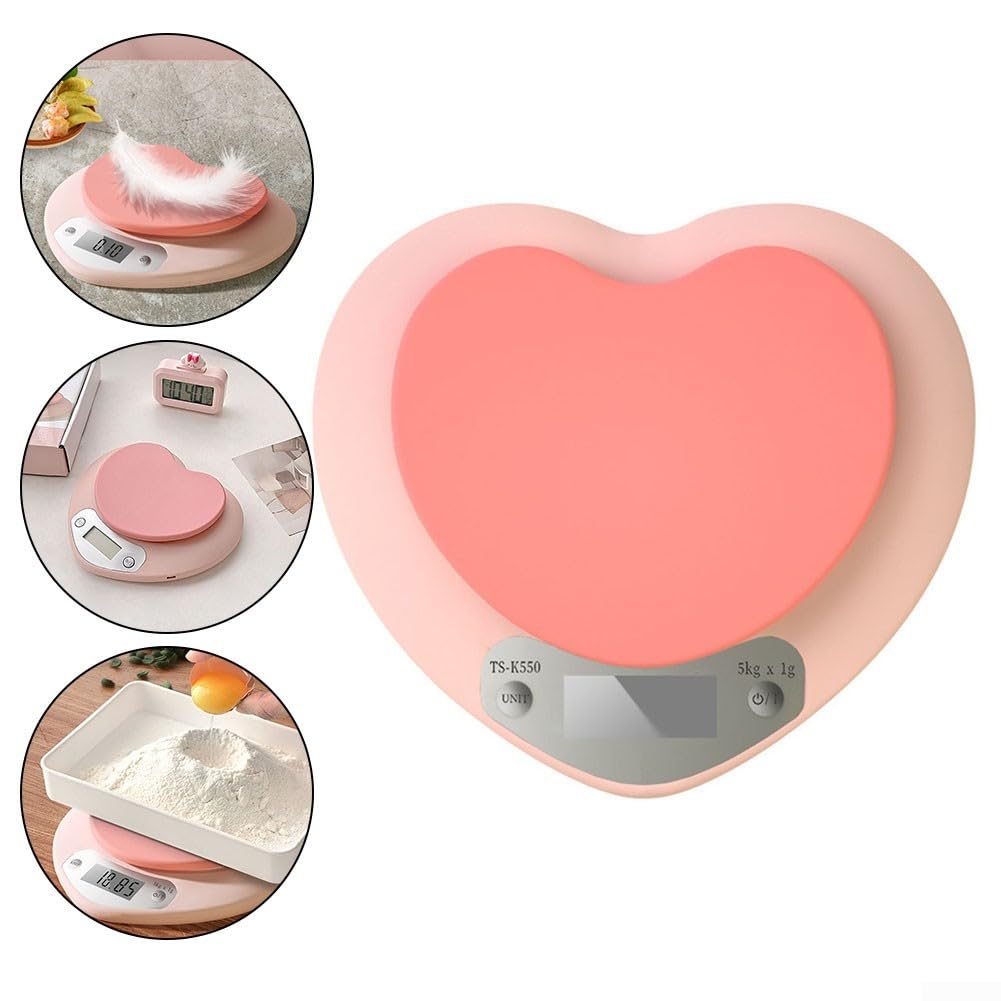 Zilimontt Bilancia da cucina ad alta precisione, design elegante e compatto, display LCD a forma di cuore rosa, bilancia digitale da cucina con funzione tara, accessori da cucina