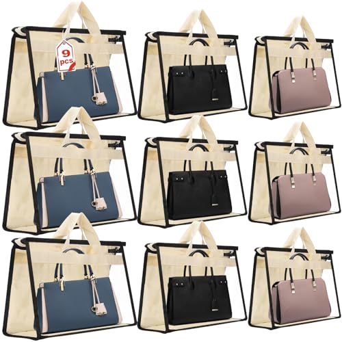 Image of 9 Pack Handbag Dust Bags, Clear Purse Storage Organizer with Zipper Handles, Non-Woven Fabric and PEVA Plastic, Dustproof and Moistureproof for Handbags, Purses, Gloves, Scarves, Blankets