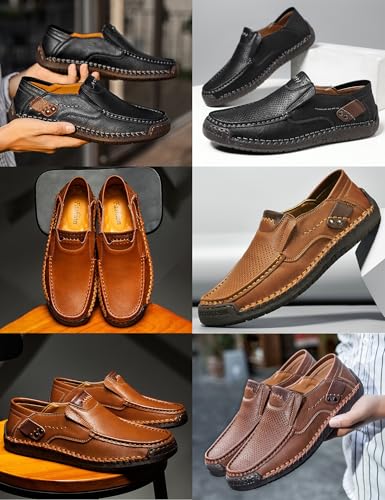Men's Leather Driving Walking Shoes,Vintage Lightweight Comfort Slip-On Flat Moccasin Dress Oxford Casual Boat Loafers3