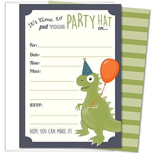 Koko Paper Co Dinosaur Party Invitations, Fill-in Style T-Rex Design for Boys and Girls, with Envelopes, Set of 25, 4.25” x 6” Printed on Heavy 140lb Card Stock