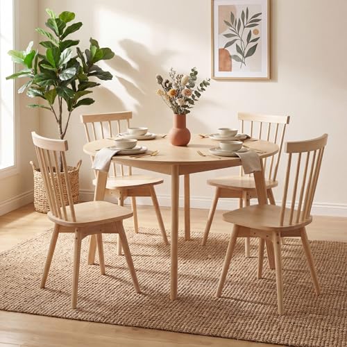 Image of COSTWAY Swivel Windsor Dining Chairs Set of 4, Farmhouse Solid Rubber Wood Kitchen Side Chair w /Curved Spindle Back, Armless Accent Chairs for Home, Dining Room, Living Room, Restaurant (Natural)