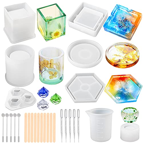 LotFancy Epoxy Resin Molds, 28pc Silicone Ashtray Coaster Molds for Resin Casting, DIY Art Crystal Diamond Plant Pot Pen Candle Soap Holder Molds, Including Measuring Cup, Droppers and Stirrers
