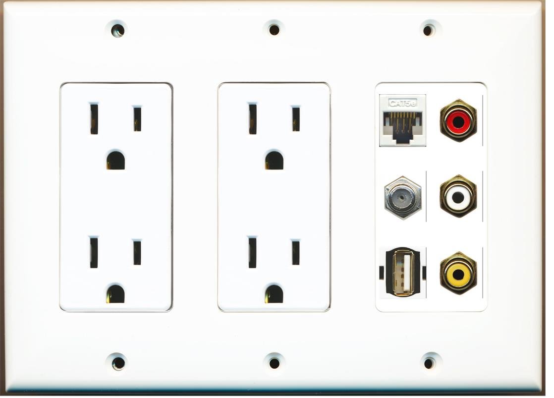 RiteAV – (3 bandas) 2 A toma de corriente coaxial cable de conexión de vídeo compuesto USB A-A placa de pared blanco