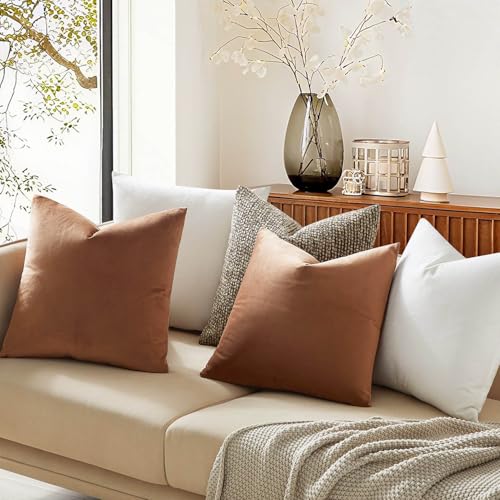 Image of JUSPURBET 28x28 Throw Pillow Covers Set of 2 Decorative Pillow Covers for Couch Sofa Bed Cozy Velvet Cushion Covers Cases with Invisible Zipper for Living Room Home Decor,Mocha Mousse