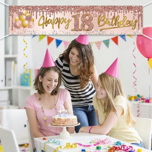 Image of Excelloon 18th Birthday Banner Decorations for Girls Women, Pink Rose Gold Happy 18 Birthday Yard Banner Party Supplies, 18 Year Old Teenager Bday Background Sign for Outdoor Indoor