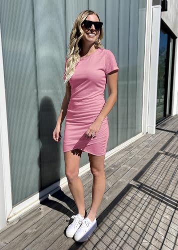Image of BTFBM Women's Summer Dresses 2026 Casual Bodycon Mini Dress Short Sleeve Crew Neck Ruched Spring Beach Vacation Outfits