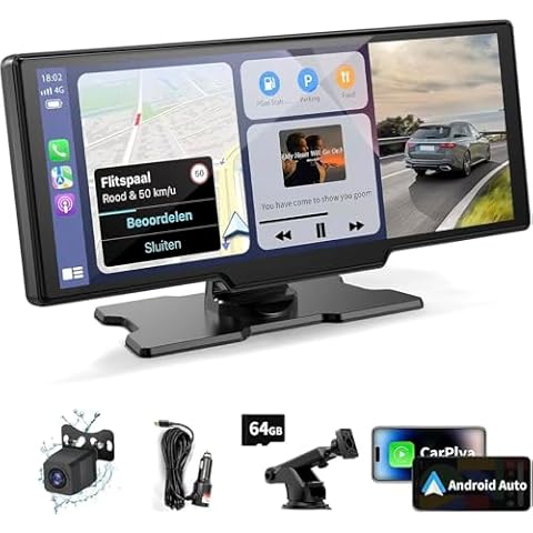 Portable Carplay Screen For Car, 10.26" Wireless Apple Carplay & Android Auto Touch Screen with 4K Dash Cam,1080P Backup Camera,Car Stereo Audio Receivers,GPS Navigation Mirror Link,Voice Control,Siri Cover