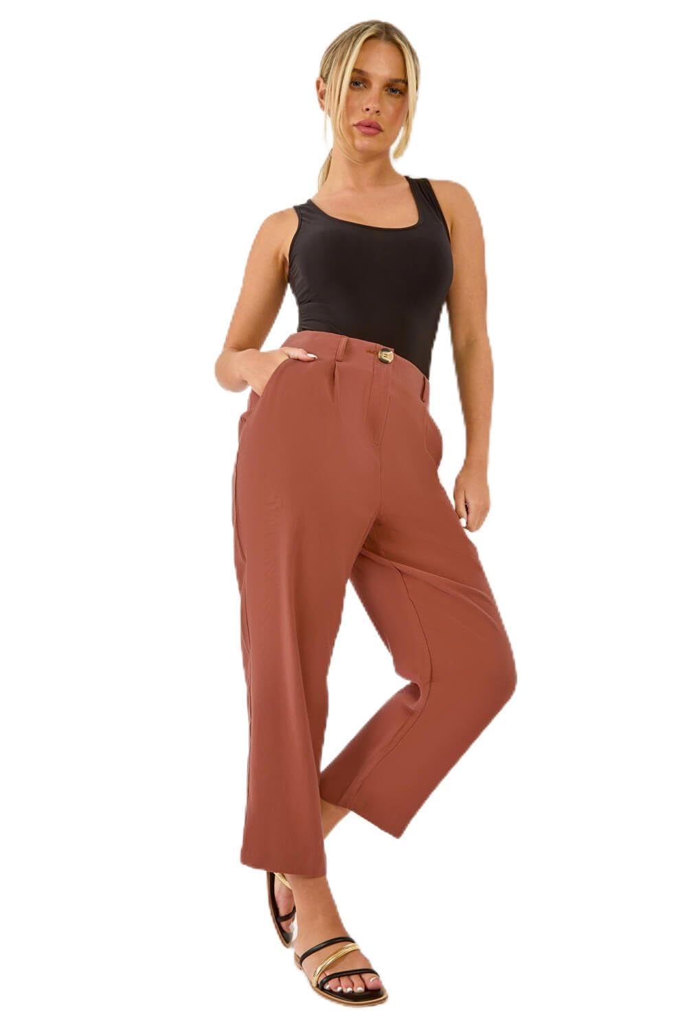 Roman Originals Women's Petite Brown Roman Petite Cropped Tapered Trousers For Uk - Everyday Holiday Spring Summer Comfy Soft Evening Vacation Work Party - Size 14 Petite