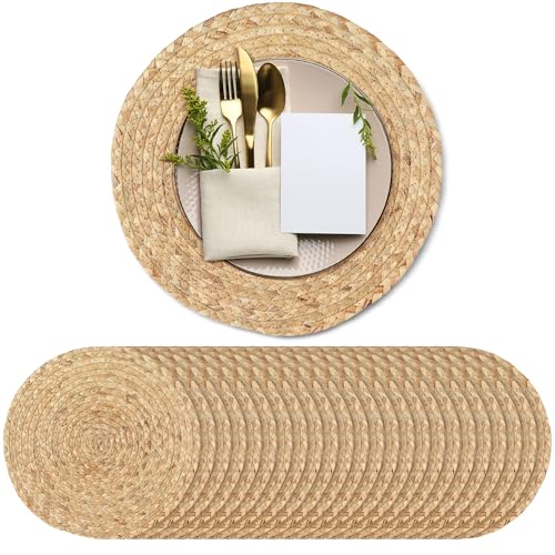 Image of Kochorie Set of 24 Round Woven Placemats 13.5-Inch Natural Water Hyacinth Plant Placemats Hand-Woven Boho Rattan Placemat Wicker Weave Table Mats for Home Dinner Plates Holiday Supplies