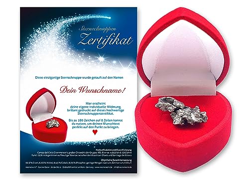 Echte Sternschnuppe in roter Herzbox mit deinem Wunschtext auf persönlichem Widmungszertifikat | echter Meteorit