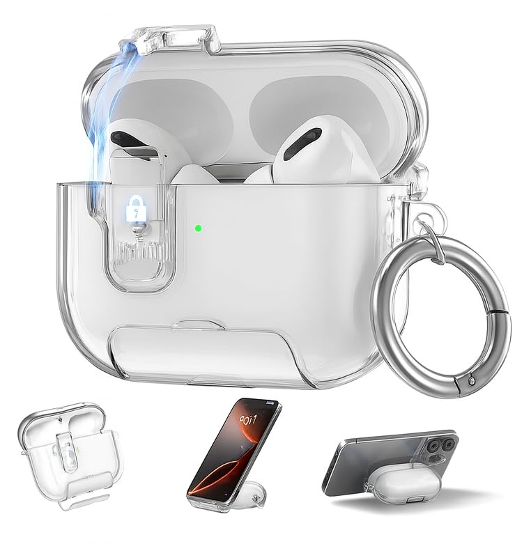 Image of Clear Magnetic Auto-Lock Case Cover for Apple Airpods Pro 3 (2025), with Phone Stand & Carabiner (Clear White,Transparent Lock with Stand)