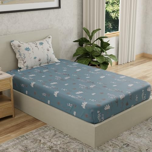 Image of HUESLAND by Ahmedabad Cotton 144 TC Bedsheet for Single Bed with 1 Pillow Cover | Blue, White
