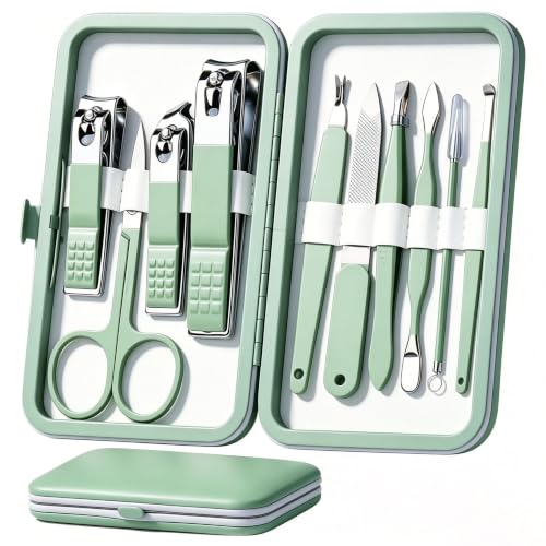 HANTEKAS Manicure Set 10 in 1 Stainless Steel Nail Clippers Scissors Pedicure Tools Kit - Portable Travel Grooming Kit for Men and Women with Leather Case (Jade Green)
