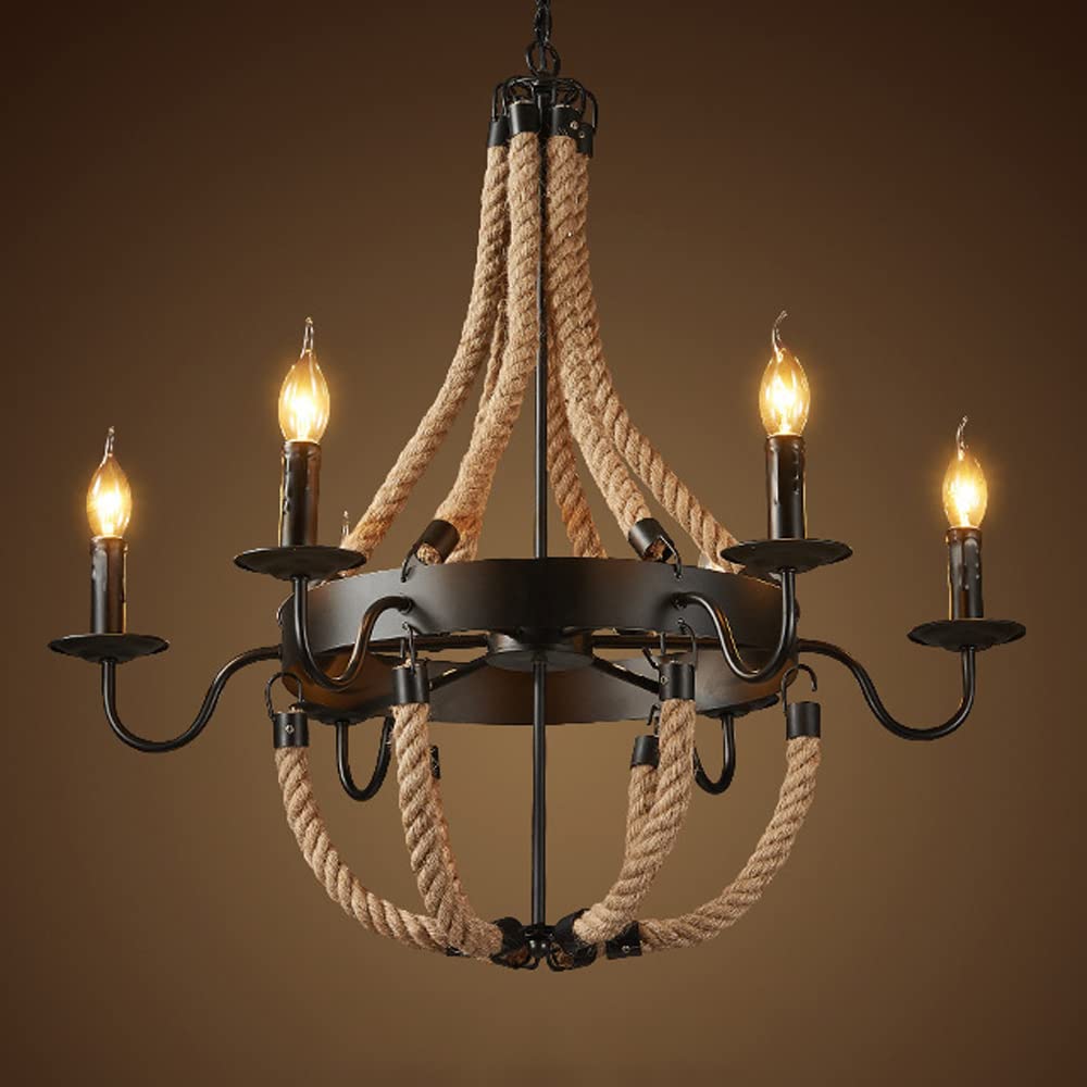 HXYSXHJUO Farmhouse Wagon Wheel Chandeliers With Handmade Hemp Rope,6 Lights Candle Ceiling Pendant Light Fixture, Adjustable Chain Iron Dining Room