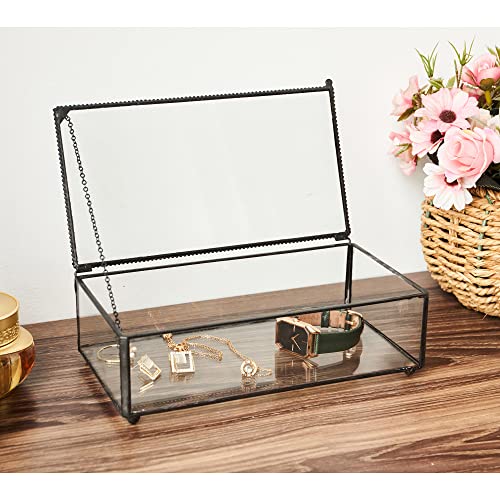 Whslilr Vintage Glass Jewelry Box Keepsake Box With Hinged Lid And Mirrored Bottom, Great For Storage Trinket/Jewelry/Card/Photo, Black Decorative Box For Dresser-15612Ex #TOP2