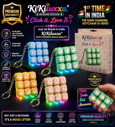 Image of KiKiluxxa Keychain with LED Light, Clicky Fidget Keychain, 9 Button Stress Relief Toy, Portable Keyring for Office, Travel & Everyday Carry -Plus Pink