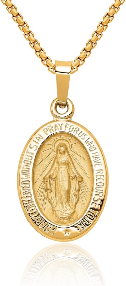 IceCarats 14K Solid Yellow Gold Our Lady of Miraculous Medal Blessed Virgin Mary Necklace Chain Pendant Charm