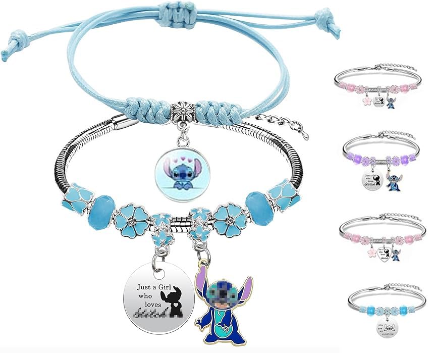 Guidre 2 Piezas Cartoon Pulsera,Pulseras Stit-ch Regalos,Anime Pulseras,Pulsera para Niñas, Pulsera con dijes ajustable, Pulseras de la Amistad, para Niñas para Regalo