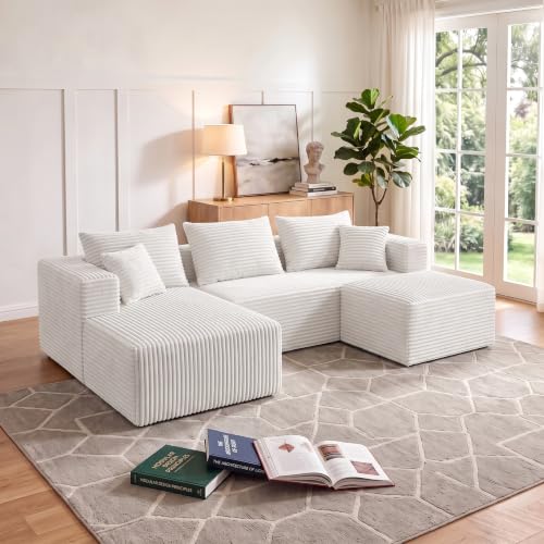 Image of 93 inch U-Shaped Boneless Couch, Corduroy Cloud Couch Sectional with Chaise and Ottoman, Deep Seat Modular Sectional Sofas for Living Room, No Assembly - Beige (Left Facing Chaise)