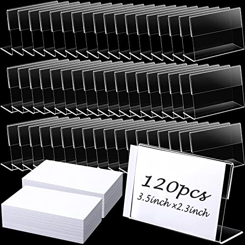 120 Stück 90 mm x 60 mm Mini Clear Sign Display Halter mit 120 Stück Blank Etiketten Horizontal Schräge L-Form Acryl Namenskarte Preisschild Etikett Theke Top Ständer Cover