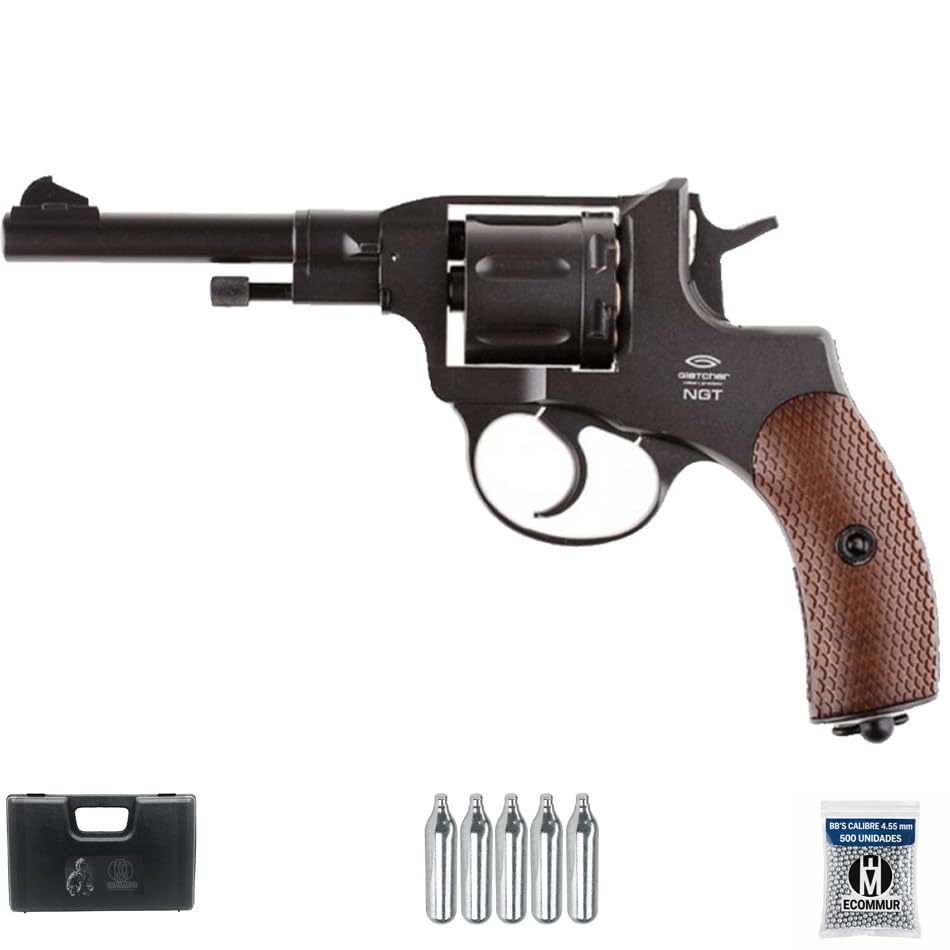 Revólver Gletcher Nagant Black CO2 (4,5mm) | Pack Pistola de balines (perdigones Bolas de Acero BB's). Arma de Aire comprimido CO2 Calibre 4,5mm [1.75 Julios]
