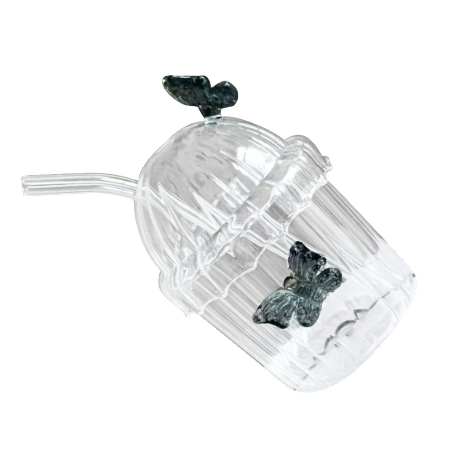 Nucelit Premium Shatterproof Glass Straw Cup with Vertical Stripe and Leak Lid for Hot Drinks Vertical Stripe