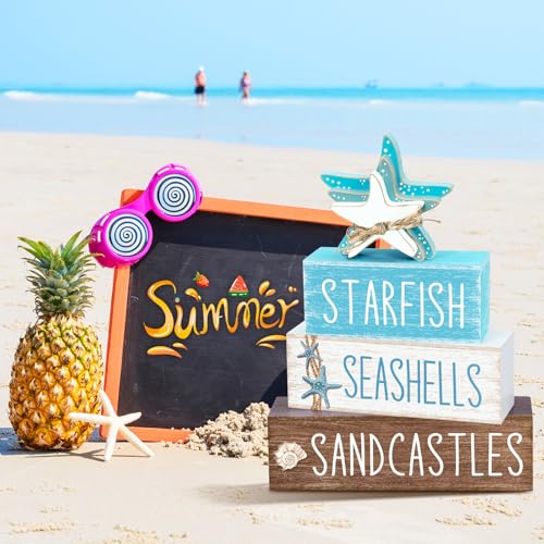 Yuntau 4 Pcs Beach Christmas Table Decor Starfish Seashell Coastal Wooden Block Sign Ocean Tiered Tray Decor Farmhouse Table Centerpieces Rustic Nautical Decorations for Home Office Desk Shelf Mantel - Image 6