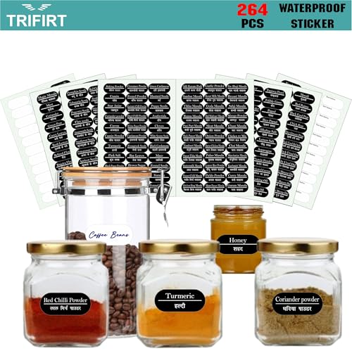 Image of Trifirt Kitchen Jar Labels, 264 Waterproof Spice Stickers, Hindi & English Pre-Printed Labels for Masala Containers, Glass Jars, Bottles, Pantry Storage & Organizer (8 Sheets)