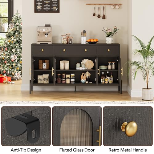GarveeHome 62" Large Sideboard Buffet Cabinet with Storage and 3 Drawers, Buffet Table Coffee Bar Storage Cabinet with 4 Glass Doors for Dining Room, Living Room, Kitchen, Black