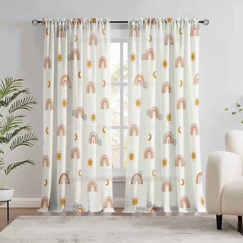 Image of Boho Rainbow Curtains Cute Rainbow Sun and Moon Drapes for Girls Bedroom Bohemian Cartoon Light Filtering Curtains for Living Room Nursery Curtain kids Window Curtain 84 inches Long 2 Panels Set