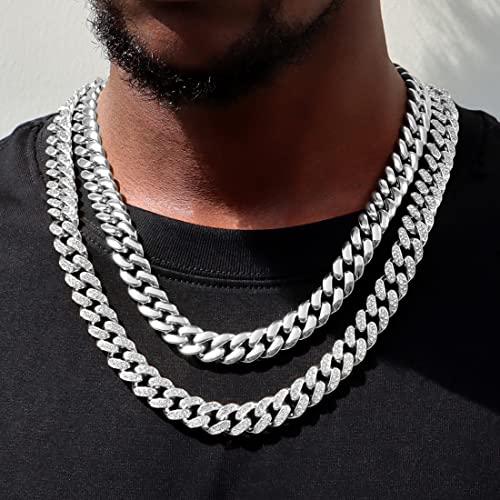 2PCS Cuban Link Chain for Men Women Miami Cuban Link Chain Necklace Gold Silver Plated Bling Diamond Chain Trendy Choker Chain Necklaces Jewelry for Men2