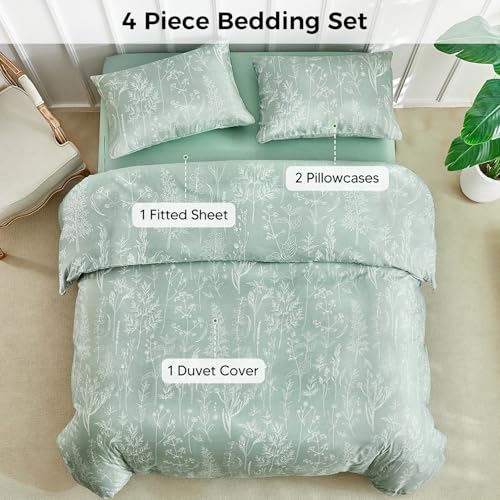 Image of Lekesky Duvet Cover Queen Size with Fitted Sheet - 4 Pieces Printed Soft Bedding Set, Includes 1 Duvet Cover 90x90 Inches with Zipper Closure & 8 Ties, 2 Pillow Cases, 1 Fitted Sheet, Sage Green