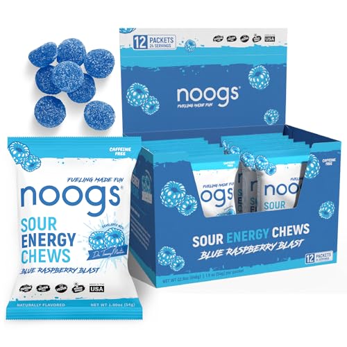 Image of Noogs Sour Energy Chews, Blue Raspberry Blast Electrolyte Energy Gummies, Sour Candy Flavored Alternative to Running Gels, Vegan, Gluten Free & Caffeine Free, 12 Pack