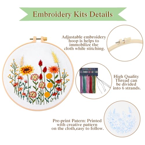 Image of Dremisland 4 Sets Embroidery Kit for Beginners Cross Stitch Kits for Adults with Cute Flowers and Plants Patterns Beginner Embroidery Kit for Adults Follow Instruction Video