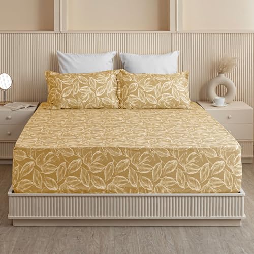 Image of HOMEMONDE Cotton 210 TC Fitted Sheet Leaf Printed Single Size Elastic Fitted Bedsheet with 1 Pillow Cover Wrinkle Free Noiseless Bed Sheets - (72 x 36 Inches, Golden) Perfect for Home Decor & Gifting