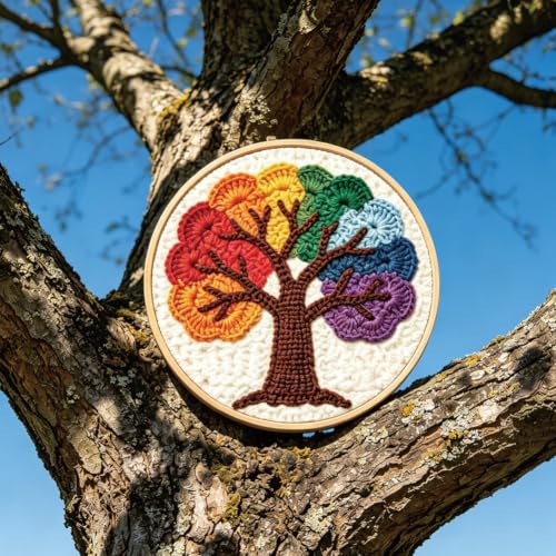 BEUNITONE 2PCS Punch Needle Kit for Adults Beginners, Rainbow Tree of Life Needlepoint Crafts Kit for Adults, Complete Embroidery Starter Kit with Pre-Print Pattern and Hoop for Home Decor 7.9"x7.9" by BEUNITONE - Used condition - Image 5