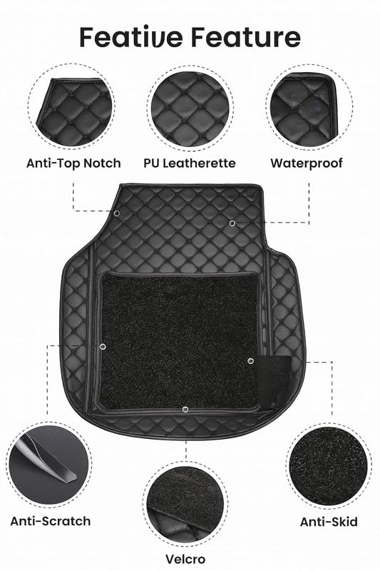 Image of Universal Car 7D Floor Mats for 5-Seater Cars | Premium PU Leatherette Car Foot Mats | Anti-Skid, Waterproof, Easy to Clean | Black | Set of 3