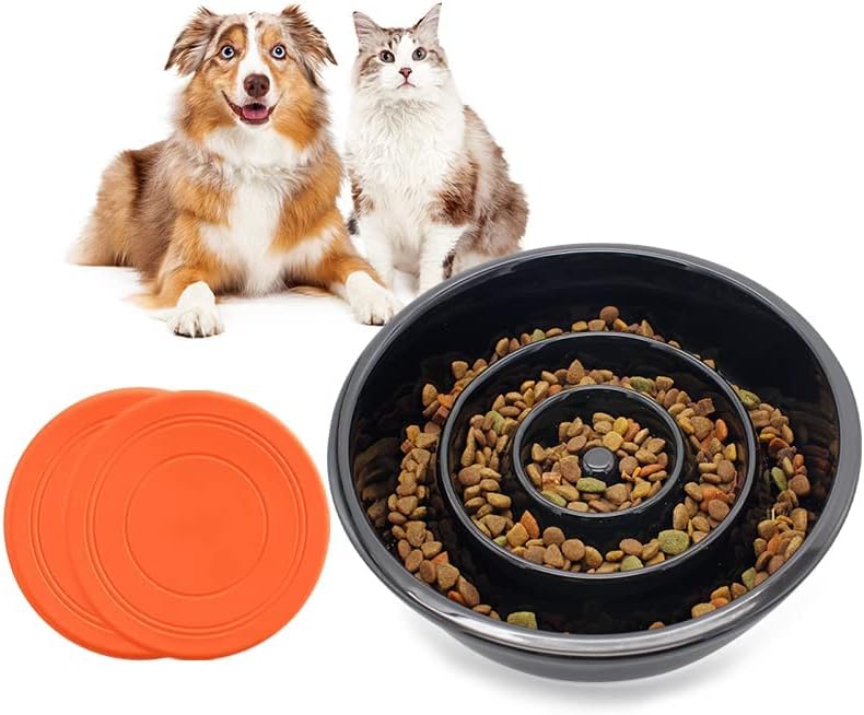 GH - Cuenco de cerámica para perros de alimentación lenta, 3 tazas, 2 discos voladores para perros incluidos, color negro