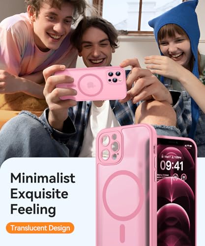 Image of CANSHN Magnetic Compatible with iPhone 12 Pro Max Case, Upgraded [Full Camera Protection] [Compatible with Magsafe] [Translucent Matte] Shockproof Protective Phone Cover 6.7 Inch - Pink
