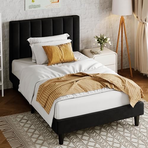 Image of Allewie Twin Bed Frame /Velvet Upholstered Bed Frame with Vertical Channel Tufted Headboard /Strong Wooden Slats /Platform Bed Frame /Mattress Foundation /Box Spring Optional /Easy Assembly /Black