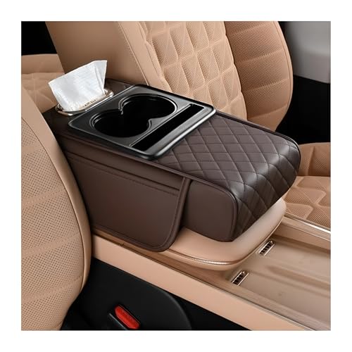Image of Zpana Car Center Console Armrest Pillow, Memory Foam Leather 4 in 1 Vehicle Arm Rest Cover with Tissue Box 2 Side Storage Bag Cup & Phone Holder, Auto Armrest Cushion, Universal Fit (Brown)